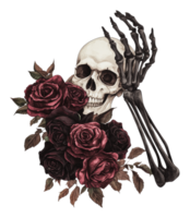 Skeleton hand resting on dark roses with skull png