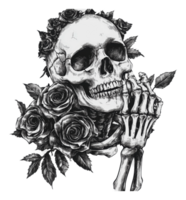 Skull with roses and hands in thoughtful pose png