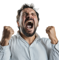 Man expressing intense emotion with raised fists png
