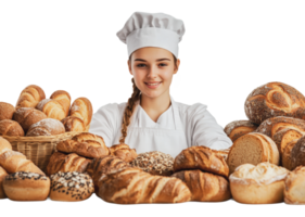 Baker showcasing various types of bread in bakery png