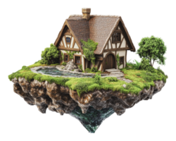 Floating house with lush greenery near a pond png