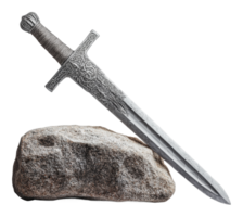 Decorative sword resting on a textured rock png