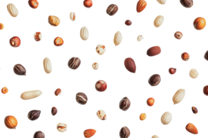 Diverse assortment of nuts and seeds scattered png