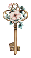 Decorative key with floral design and leaves png