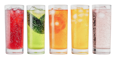 Refreshing drinks in colorful glasses on display png