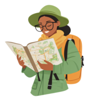 Adventurer studying a map on a hiking journey png