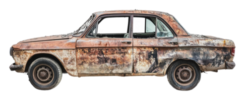 Rusty vintage car abandoned in urban setting png