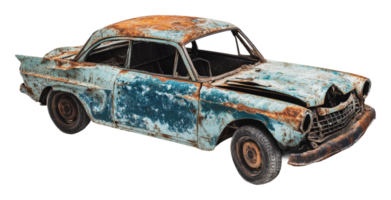 Vintage car in distressed condition on display png