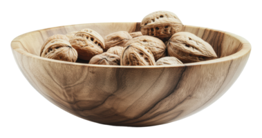 Natural wooden bowl filled with walnuts on display png