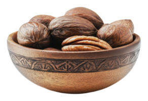 Nut assortment in a decorative wooden bowl png