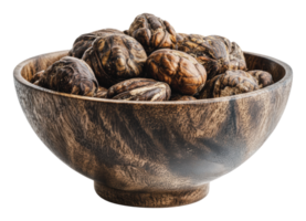 Nuts gathered in a wooden bowl on a table png