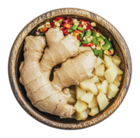 Fresh ginger and diced vegetables in a bowl png