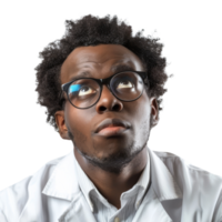 Young Scientist in Laboratory Coat Looks up Thoughtfully on Isolated Background png