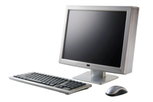 Desktop computer setup with monitor, keyboard, and mouse on a transparent background for office or home use png