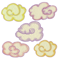 Set of five colorful cartoon clouds on white background. Clip art can be used for children's book illustrations, weather-themed designs, or as a decorative element for websites, blogs, or social media png