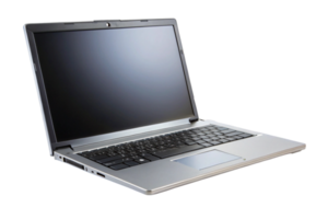 Sleek silver laptop with blank screen isolated on transparent background, perfect for business, technology, and remote work concepts png