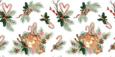 Brown gift boxes with bow in steampunk style with fir branches, caramel, holly, pine cones, cinnamon, pattern watercolor illustration. Isolated from the background. Ideal for cards, covers, png