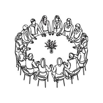 One continuous single drawing black line art doodle of forming a group of people around a table, symbolizing teamwork vector