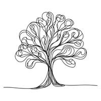 One continuous single drawing black line art doodle of large tree with swirling branches and leave vector