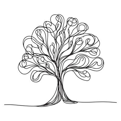 One continuous single drawing black line art doodle of large tree with swirling branches and leave