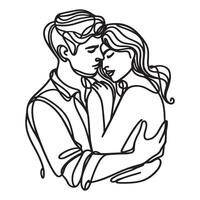 One continuous single drawing black line art doodle of a couple in a warm embrace hugging in love vector