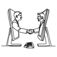 One continuous single drawing black line art doodle of a person shaking hands through a computer screen vector