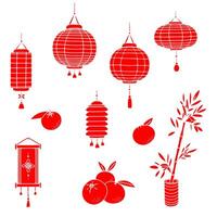 Chinese celebration set. Simple doodle line art contour silhouette icons. Red paper lanterns, bamboo, oranges. Web, digital design, print, papers, coloring pages, invitations, cards, calendars, etc. vector