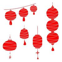 A set of red paper lanterns. Simple line art contour silhouette icons. Black shapes isolated on a white background. Web, digital design, print, papers, coloring pages, invitations, cards, calendars vector