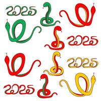 2025 year of the snake set. Lunar New Year illustration, snake in different movements and colors on a white background. Graphic elements, web, digital design, print, greeting cards, stickers,calendars vector