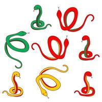 A set of snake icons. Simple doodle contour, red, yellow, green color variations on a white background. Zodiac animal, lunar new year, Chinese calendar. Stickers, greeting cards, web design, calendars vector
