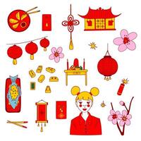Flat Chinese New Year icon set. Traditional lunar new year symbols, design elements isolated on a white background. Clip art collection for web, prints, greeting cards, invitations, stickers, digital vector
