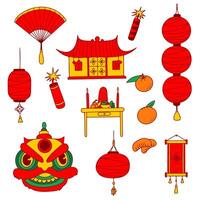 Lunar New Year Icon Set. Traditional Chinese celebration. Flat style design, simple color on a white background, hand drawn isolated objects. House, lion mask, red paper lanterns,oranges, firecrackers vector