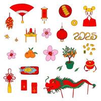 Chinese Snake New Year Icon Set. Traditional Lunar New Year symbols. Red envelopes, dragon, plum blossom, firecrackers, dumplings, tangerine and more. Perfect for prints, web, stickers, greeting cards vector