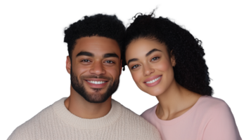 Smiling couple portrait with transparent background showcasing natural expressions and stylish sweaters png