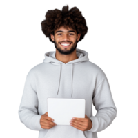 Smiling young man holding tablet with transparent background for digital use png