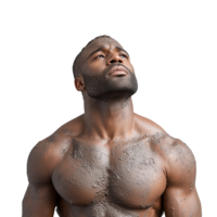 Strong man with muscular build looking upwards on transparent background png