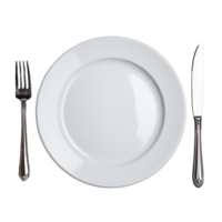 White Dinner Plate with Fork and Knife on Transparent Background png