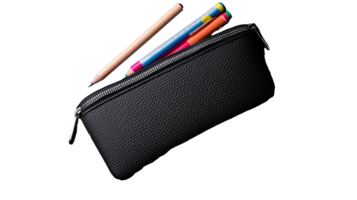 Black zipper pencil case with colorful pencils on transparent background png