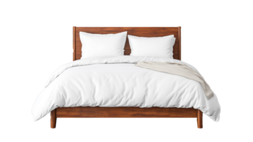 Cozy wooden bed with white bedding on transparent background png