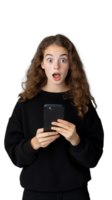 Surprised girl holding smartphone with transparent background for versatile graphic use png