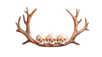 Antler Display with Three Skulls on Transparent Background png