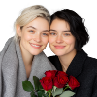 Two smiling women holding red roses with transparent background png