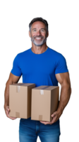 Smiling man holding two cardboard boxes with transparent background png