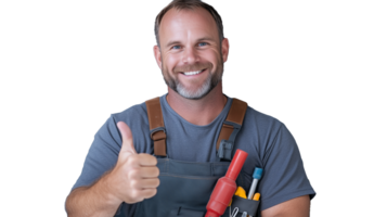 Skilled handyman giving thumbs up with tools in pockets transparent background png
