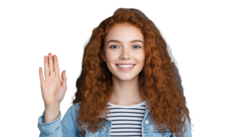 Smiling young woman waving hand with transparent background for versatile use png