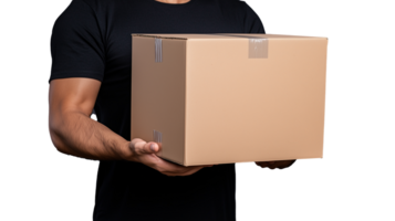 Man holding a cardboard box with transparent background for versatile use png