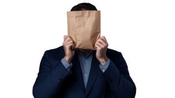 Man Concealing Face with Brown Paper Bag on Transparent Background png