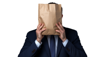 Man Covering Face with Paper Bag on Transparent Background png