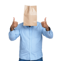 Man with Paper Bag on Head Giving Thumbs Up on Transparent Background png
