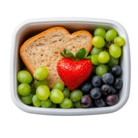 Heart-shaped bread with fresh fruits in container on transparent background png